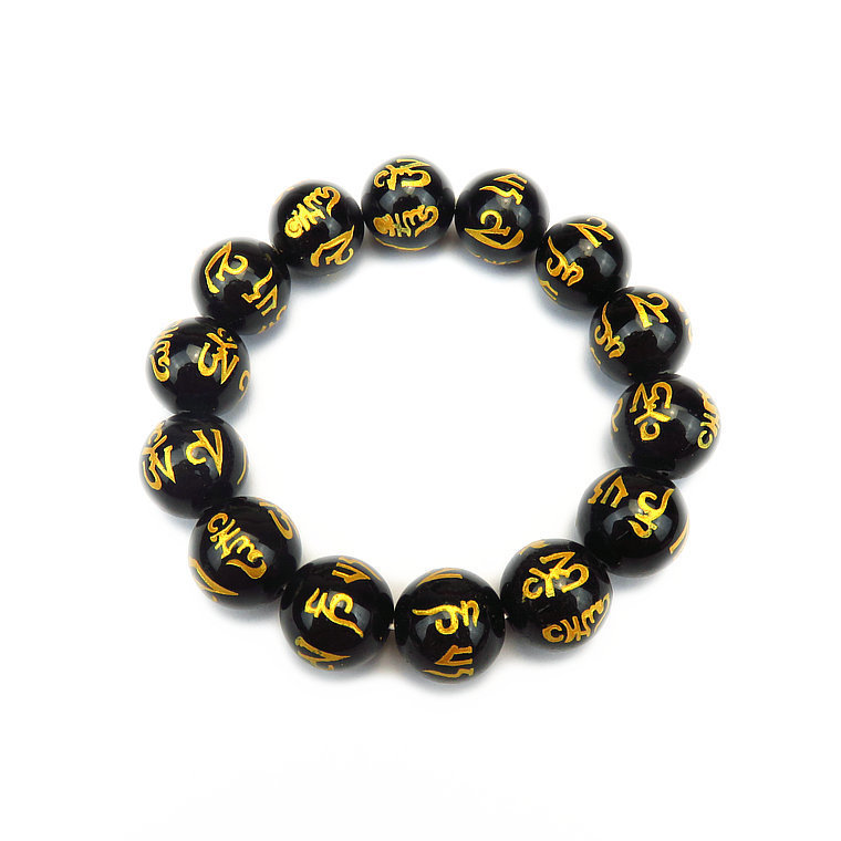 彩色六字真言水晶玻璃佛珠手链雕刻黑六字大明咒佛教结缘手串饰品
