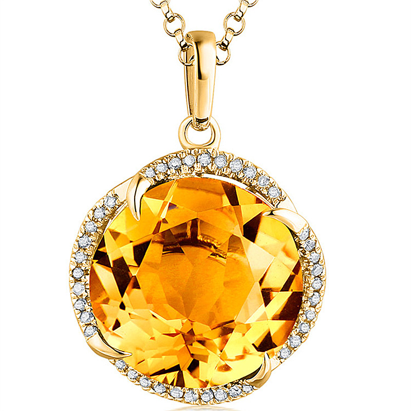 新款欧美气质金黄色锆石黄水晶圆形吊坠项坠锁骨链彩宝黄宝石吊坠