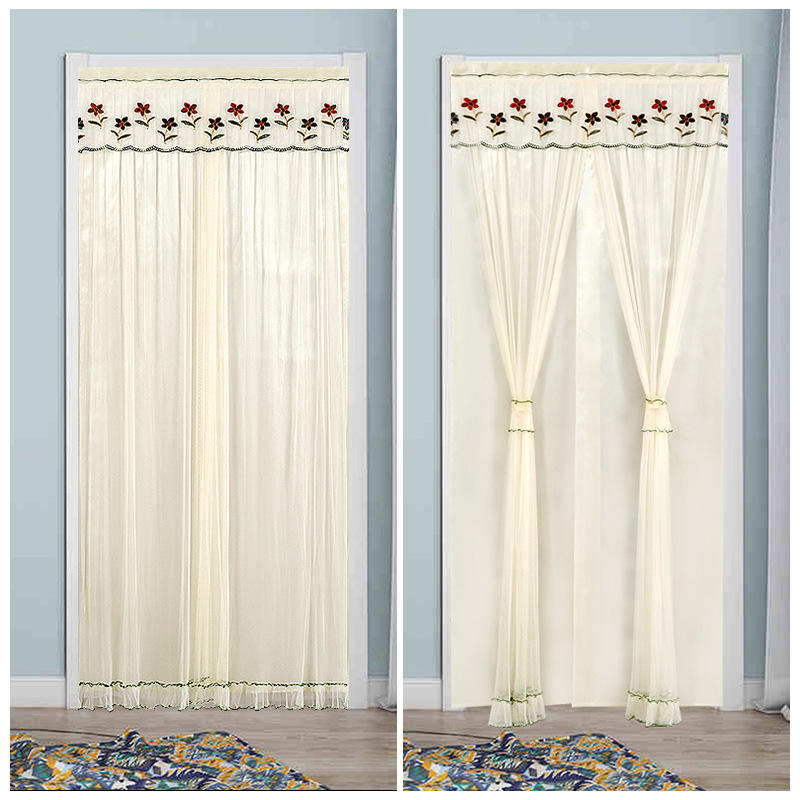 双层蕾丝纱门帘免打孔魔术贴两用帘长帘防蚊虫隔断透光不透人四季