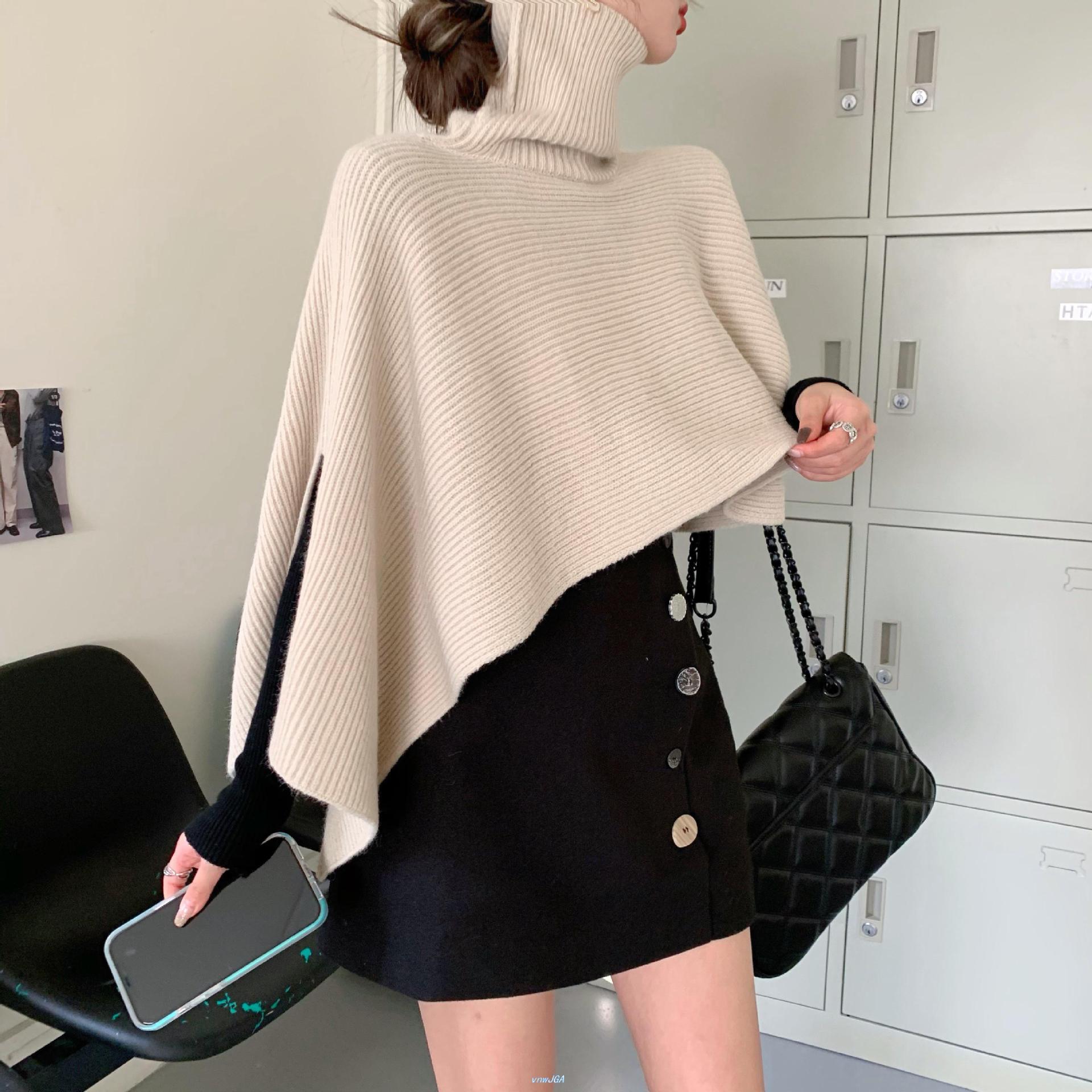 秋冬新款外搭高领毛衣披肩不规则针织斗篷上衣 a字半身裙两件套女