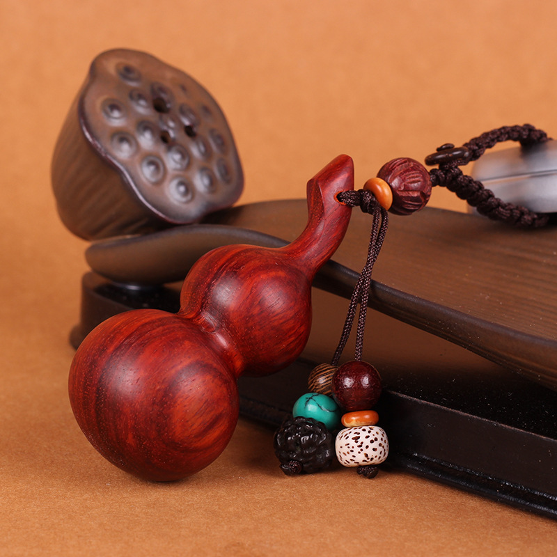 高档檀木钥匙圈挂件红檀葫芦汽车钥匙扣吊坠手工包包装饰吊坠礼品