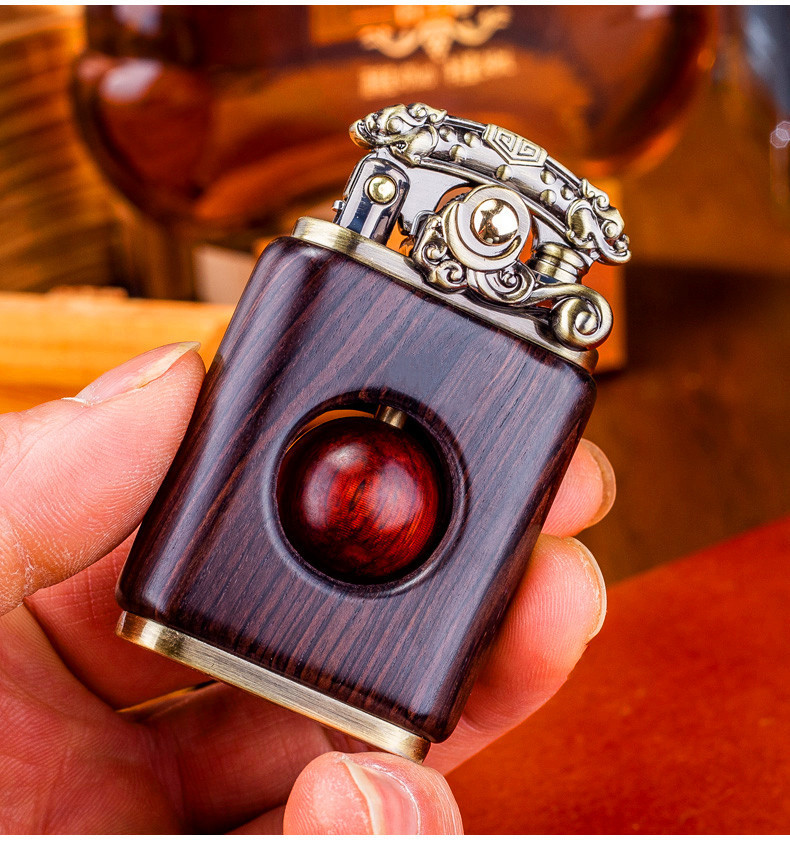 紫檀木煤油打火机转运珠旋转创意摇臂男草龙款