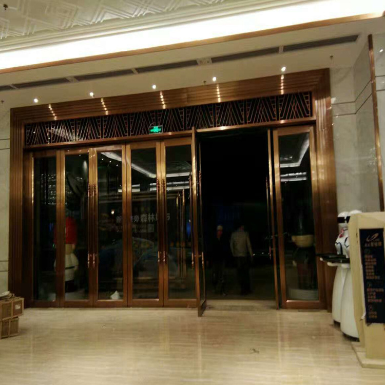 平开金属不锈钢大门 拉丝玫瑰金不锈钢地弹簧玻璃门