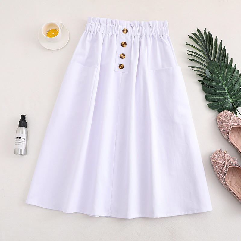 Spot Goods 2023 Summer High Waist Slimming Solid Color Pocket Skirt All-Matching Elastic Waistband Casual Mid-Length Skirt for Women