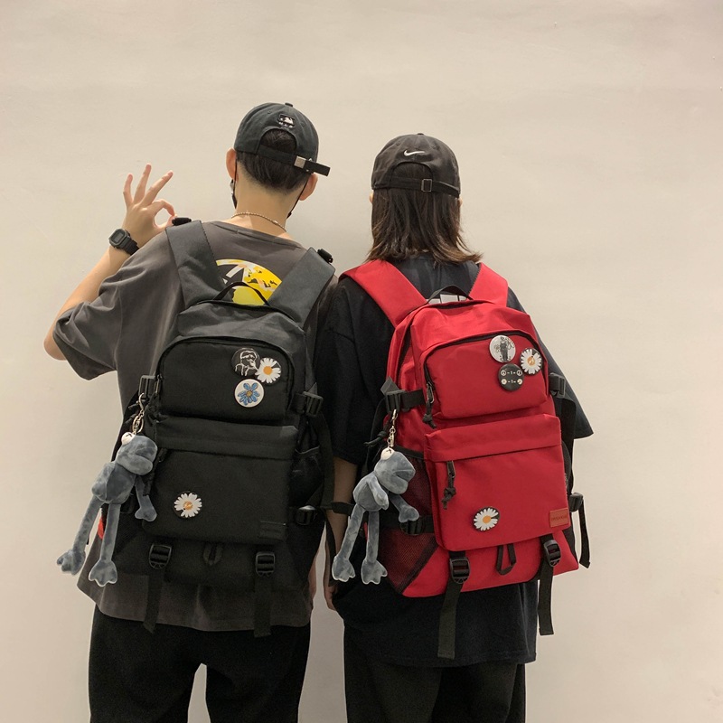 Couple Backpack Harajuku High School and College Student School Bag Wear-Resistant Oxford Cloth Computer Bag Badge Outdoor Travel Bag