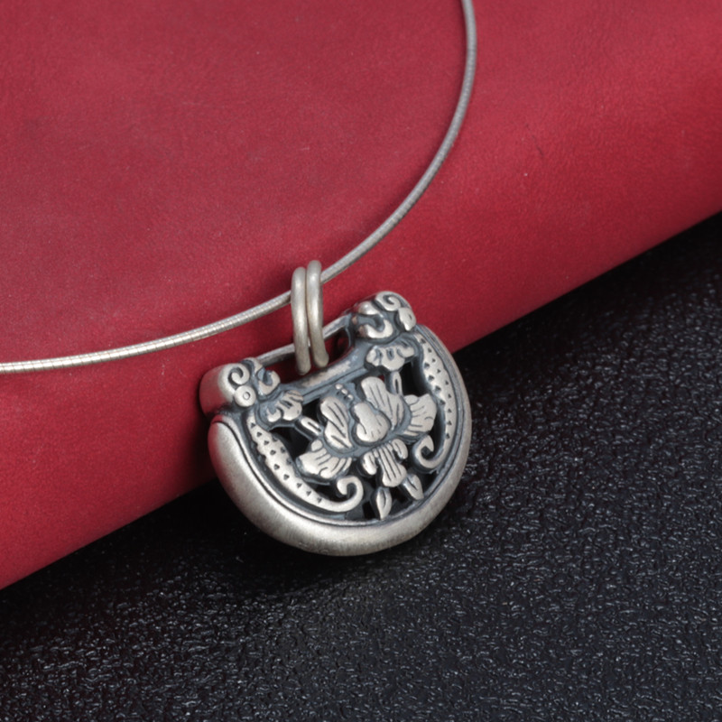 990足银花开富贵如意锁小吊坠 纯银双环复古哑光镂空中国风银坠子