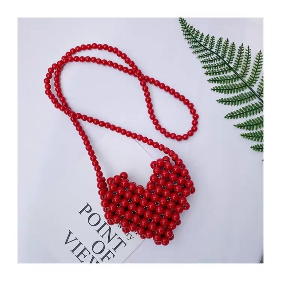 桃心成品串珠包2020新款心形珠串包珍珠斜跨包编织包礼物包包