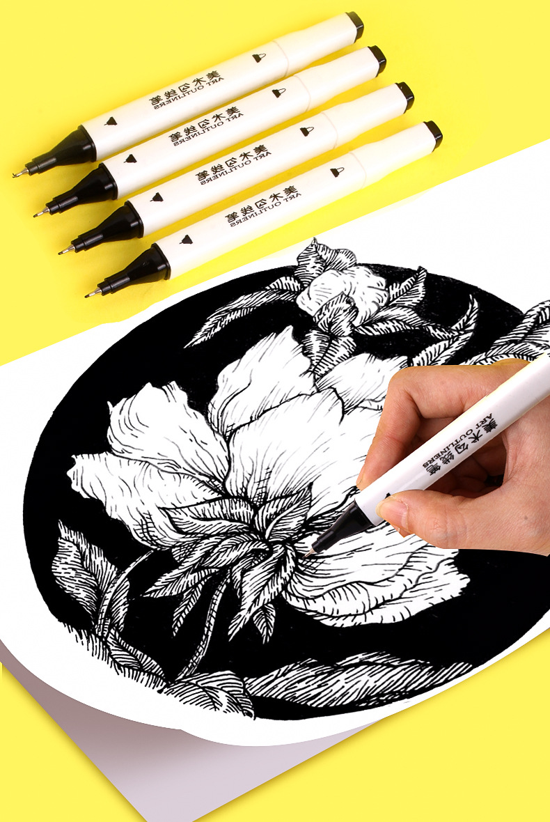 双头勾线笔黑色红色蓝色绘画画大小双头记号笔油性速干标记笔白杆