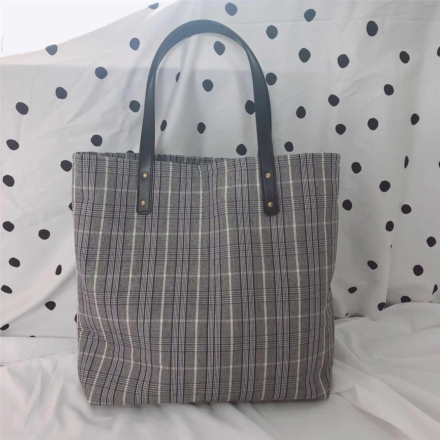 【归蝶布包】文艺格子布包单肩女棉麻素托特包大容量厚实牢固拉链