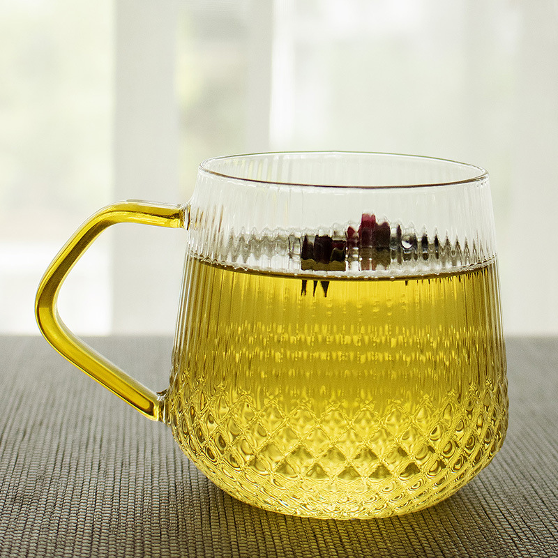 玻璃杯家用简约透明个人喝水杯办公过滤花泡茶杯带把杯