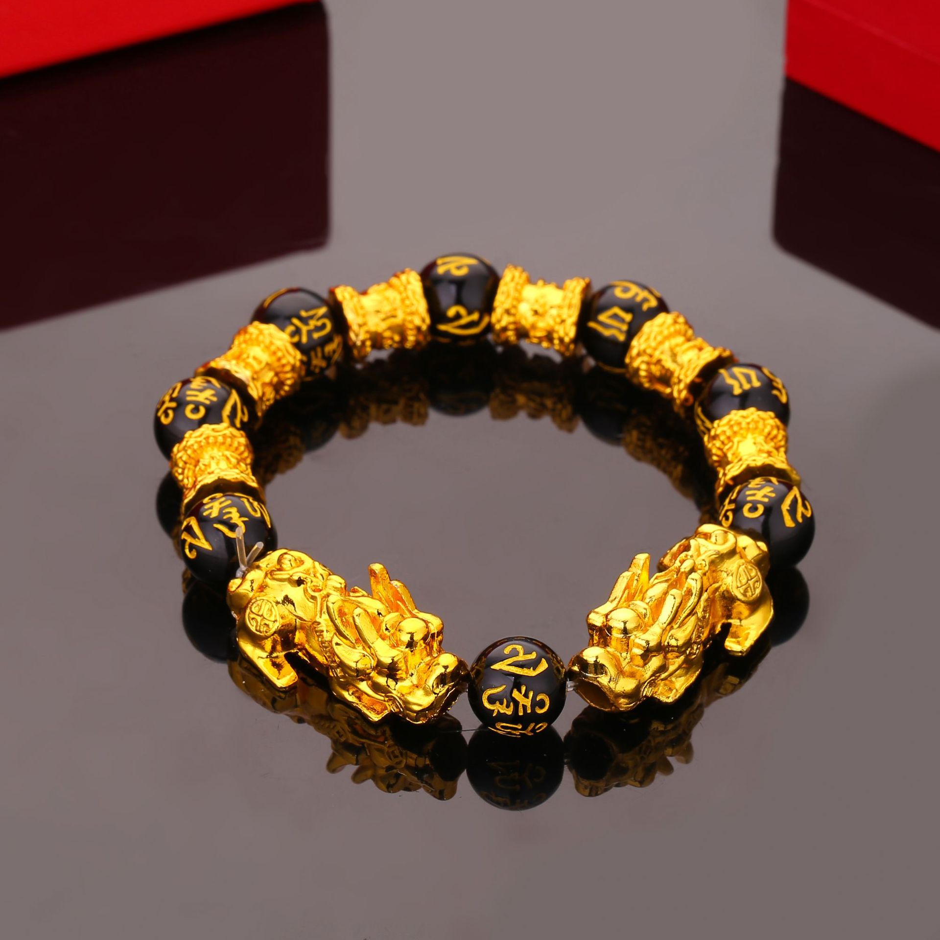洛天越南沙金貔貅手链男款3d硬金工艺黑曜石佛珠招财红玛瑙手串