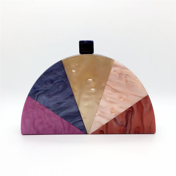 Foreign Trade New European and American Style Stitching Semicircle Acrylic Evening Bag Color Contrast Patchwork Dress Hard Box Clutch Women's Bag