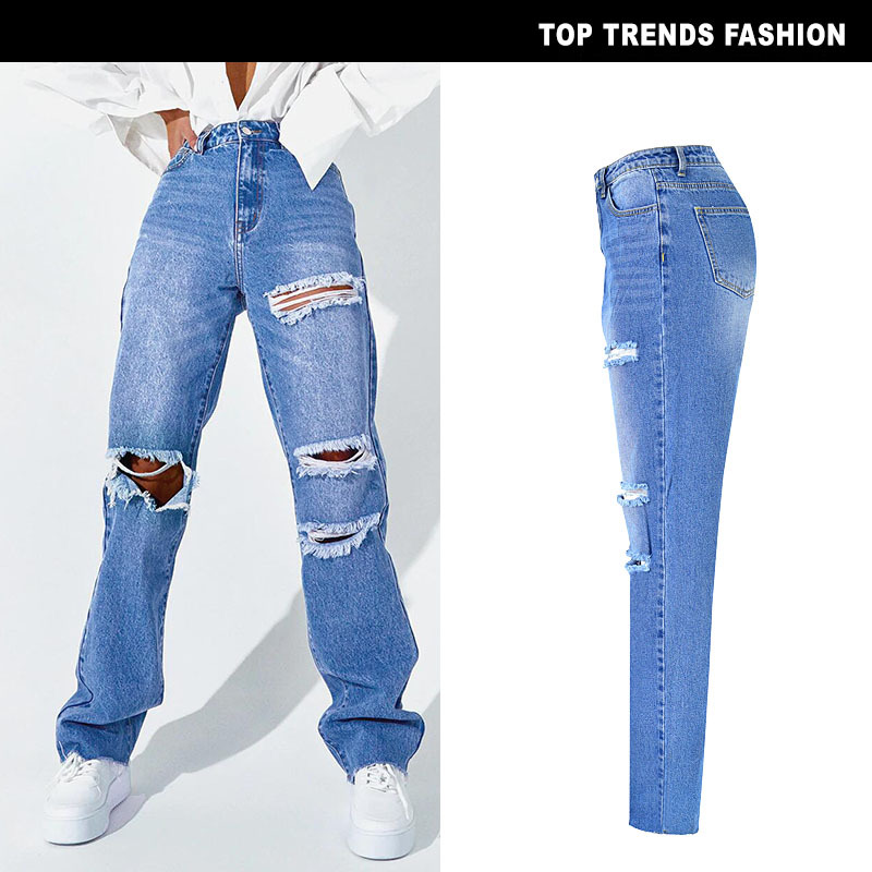 European and American Women's Clothing High Waist Straight Jeans for Women Loose Dad Jeans Washed Street Ripped Spring and Autumn Baggy Pants