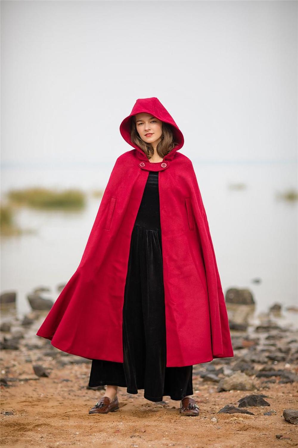 欧美冬季保暖双面昵风衣外套 女士大衣红色圣诞节斗篷插肩袖披风