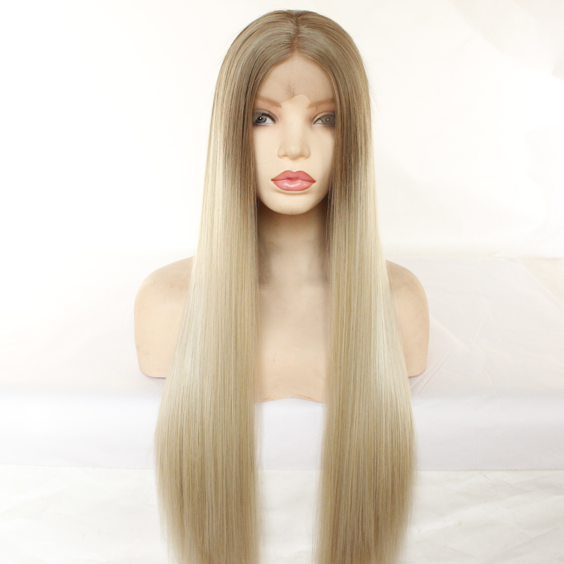 出口女士中分染色披肩长直发前蕾丝耐高温化纤品质假发半手钩头套