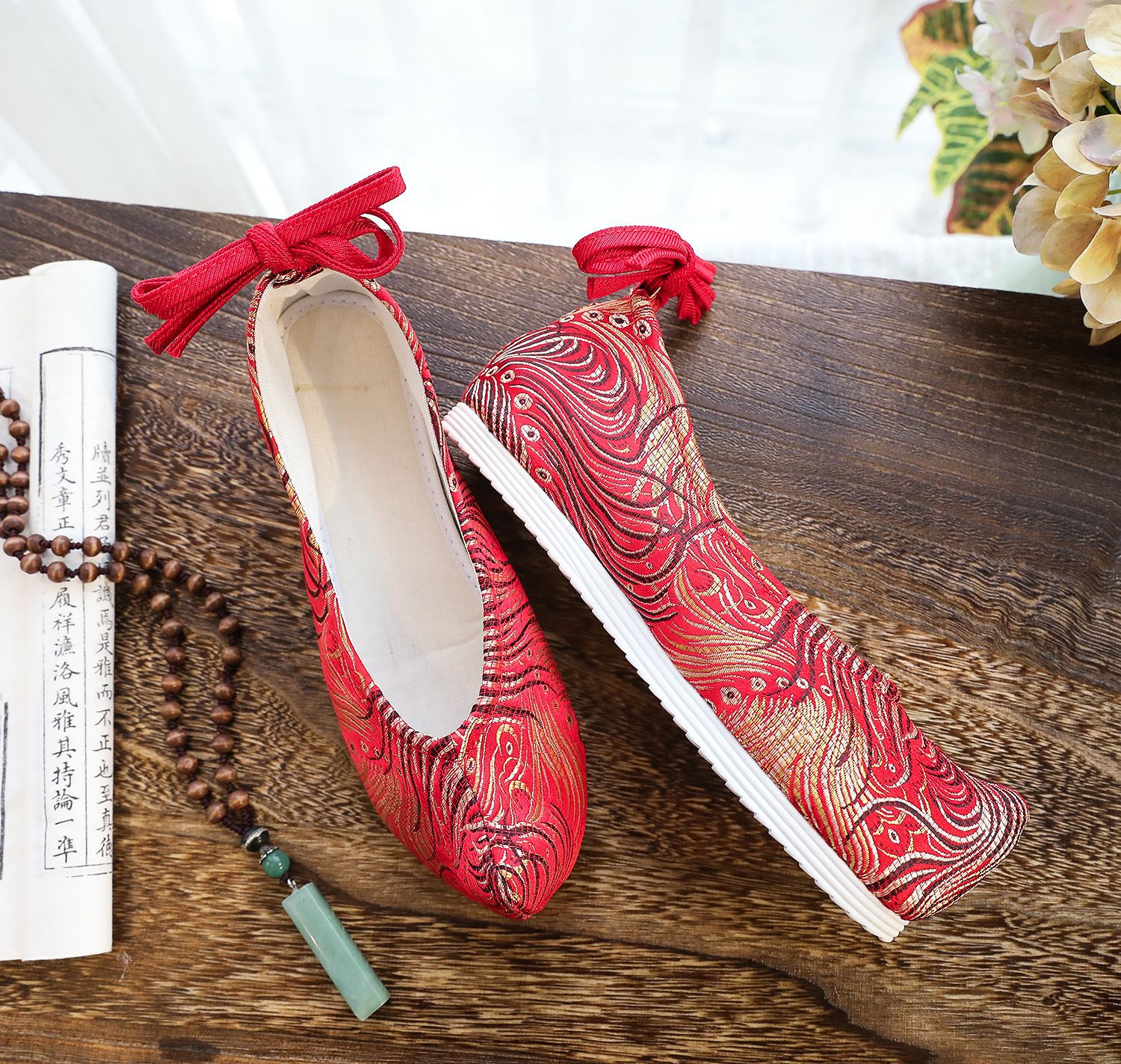 溢彩 弓鞋织锦缎鞋翘头履内增高平底古风女汉服鞋布鞋