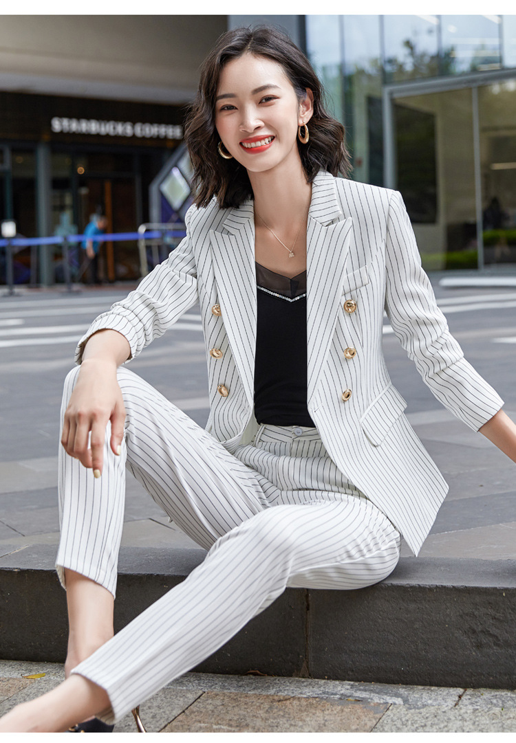 职业套装女条纹西装秋装炸街显瘦女神范时尚气质休闲高端商务西服