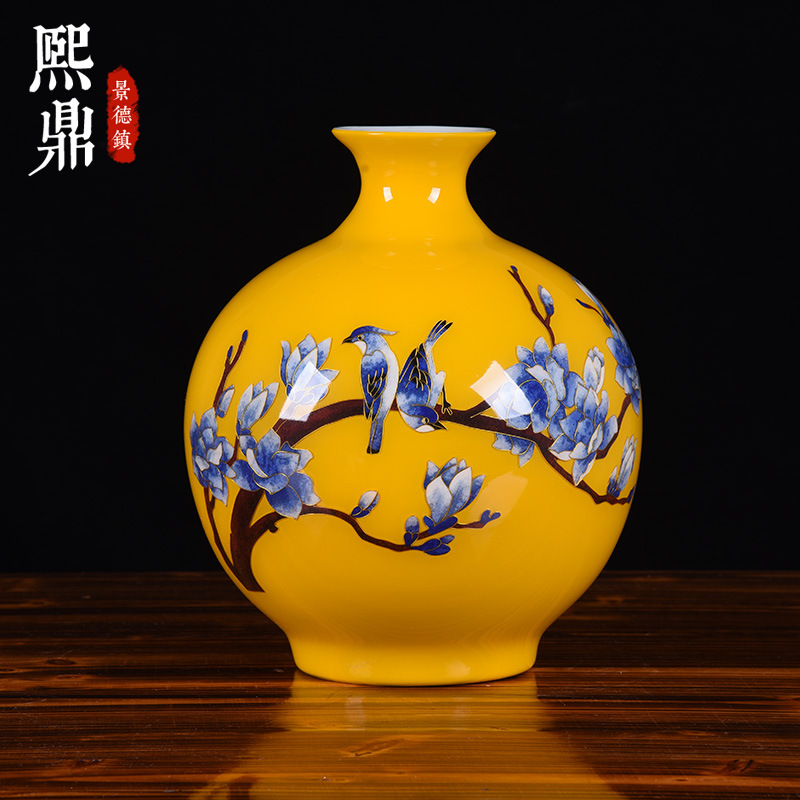 景德镇陶瓷花瓶批发金丝麦秆鸟语花香黄色石 榴瓶装饰品混批批发
