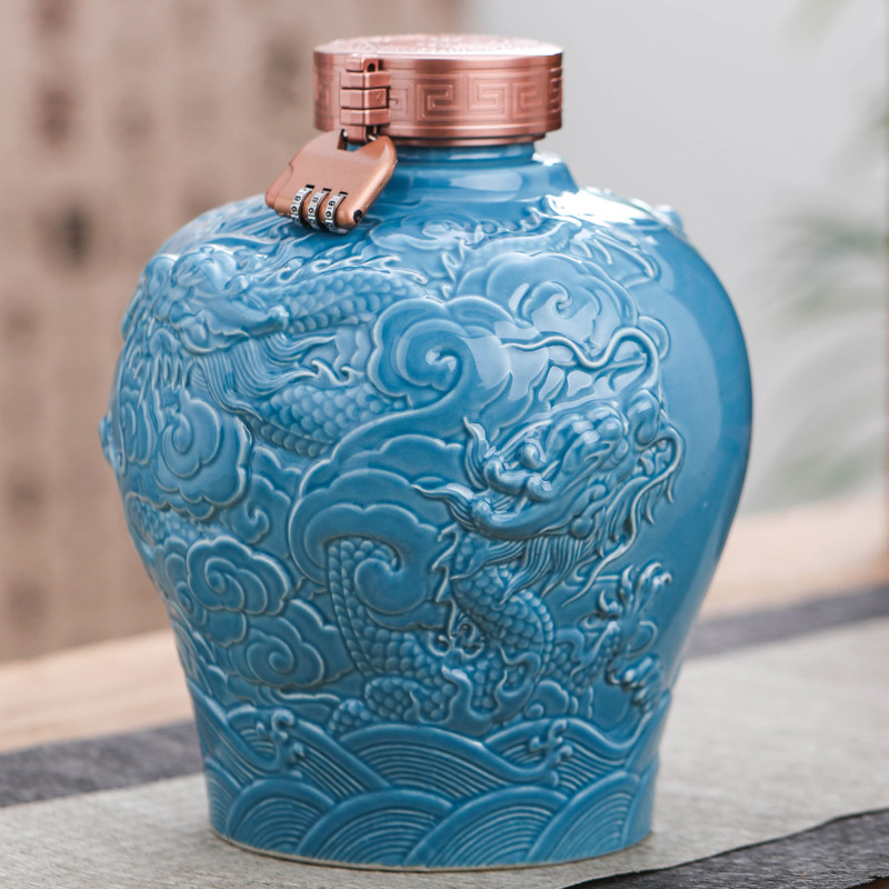 窖藏陶瓷酒瓶空酒瓶子5斤10斤装雕刻龙密封酒坛带锁扣存酒壶酒具
