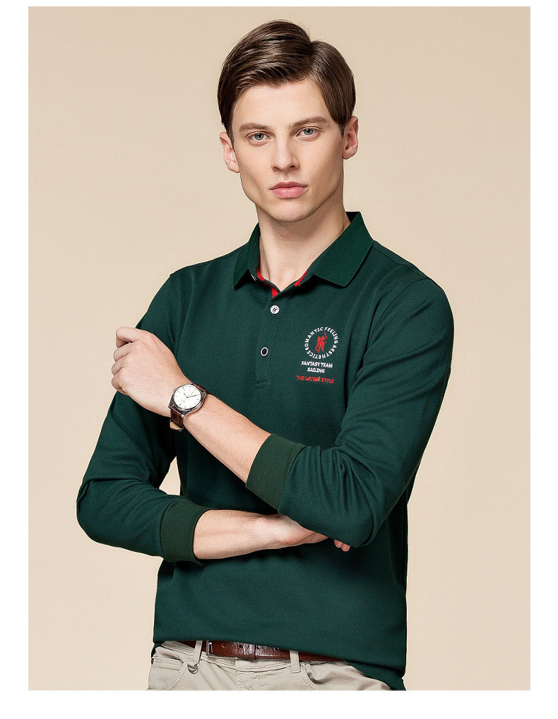 跨境秋季男士双丝光棉polo衫紧身螺纹翻领长袖t恤纯色打底衫