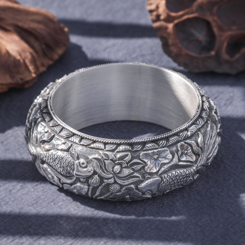 9999足银手镯龙凤戏珠宽面云南雪花银银手镯手工制作