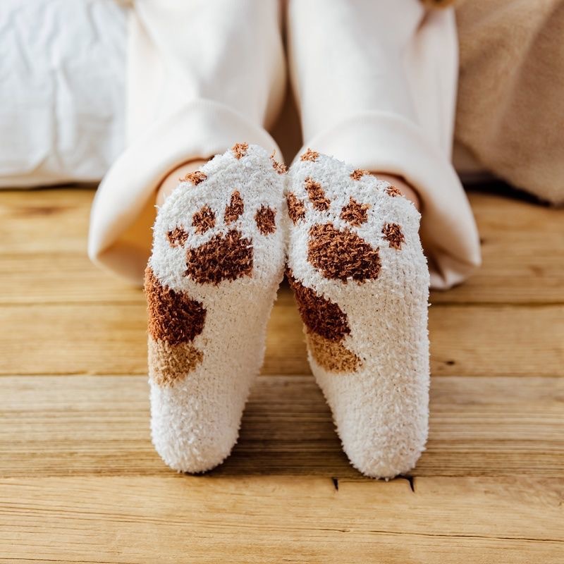 珊瑚绒女袜猫爪袜秋冬女加厚保暖居家睡眠可爱半边绒地板月子袜