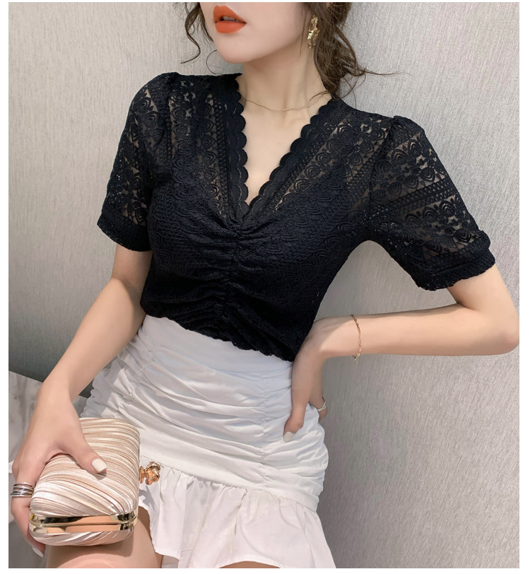 v领镂空蕾丝打底衫2020夏季新款抽绳锁骨上衣心机设计感短袖t恤女