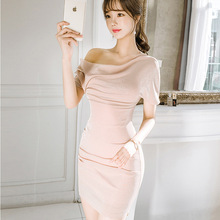 2021春夏装新款韩版女装跨境斜领露肩包臀修身外贸气质连衣裙