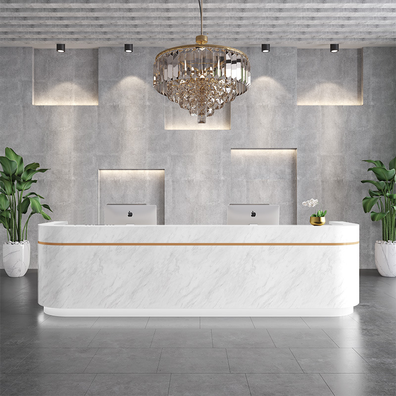 公司时尚前台仿大理石接待台环保烤漆收银台弧形办公桌台定制吧台