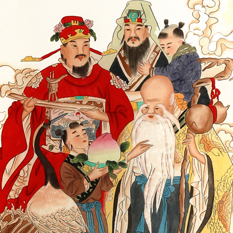 福禄寿高照喜财寿比南山卷轴挂画财神寿星堂屋玄关客厅丝绸装饰画
