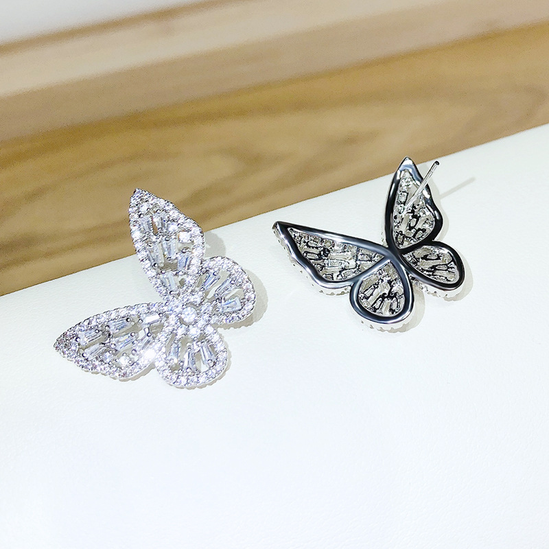Graceful Personality Butterfly Sterling Silver Needle Stud Earrings Japanese and Korean Versatile over Inlaid Zircon Internet Celebrity Earring with Same Kind Earrings Wholesale