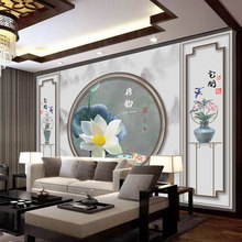 新中式古典中式边框圆形荷花喜鹊花鸟电视背景墙壁纸卧室客厅墙纸