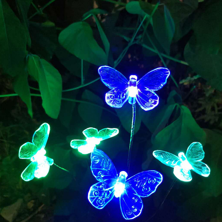 太阳能新品蝴蝶灯led仿真花5头蝴蝶灯太阳能草坪灯蝴蝶装饰led灯