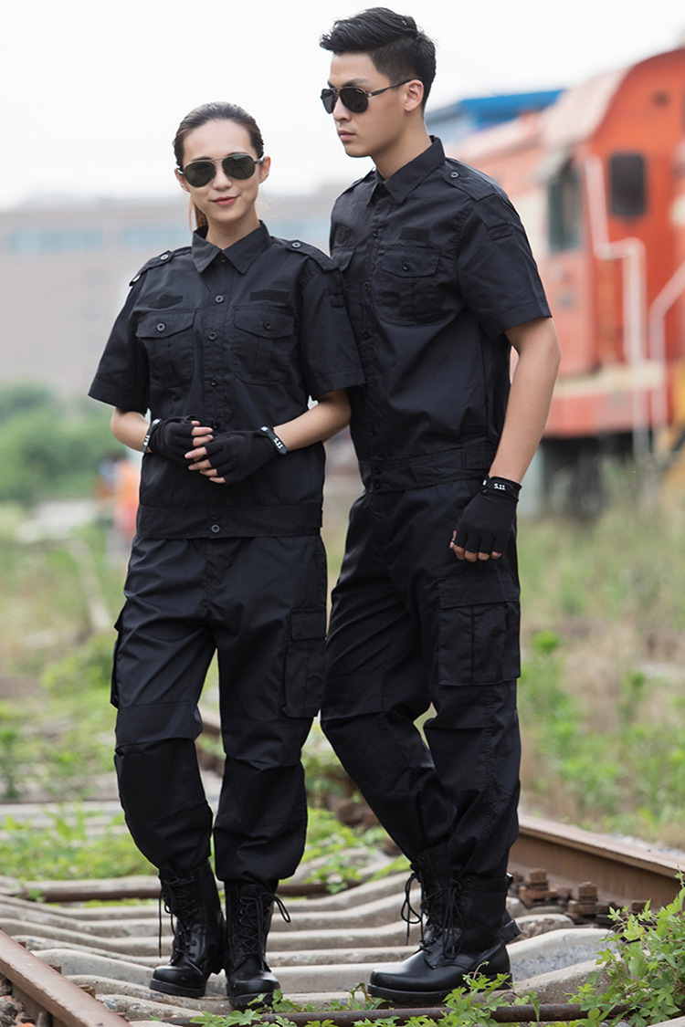 批发新式网格作训服黑色保安制服短袖作训服套装保安工作服厂家