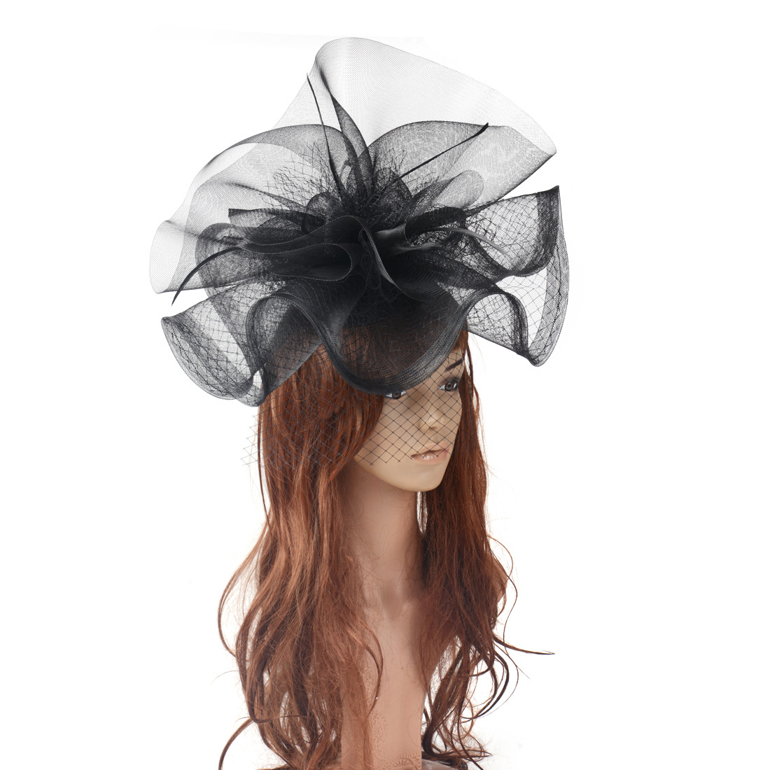 新款欧美派对宴会礼帽发夹夸张复古网纱羽毛走秀t台表演头饰头花