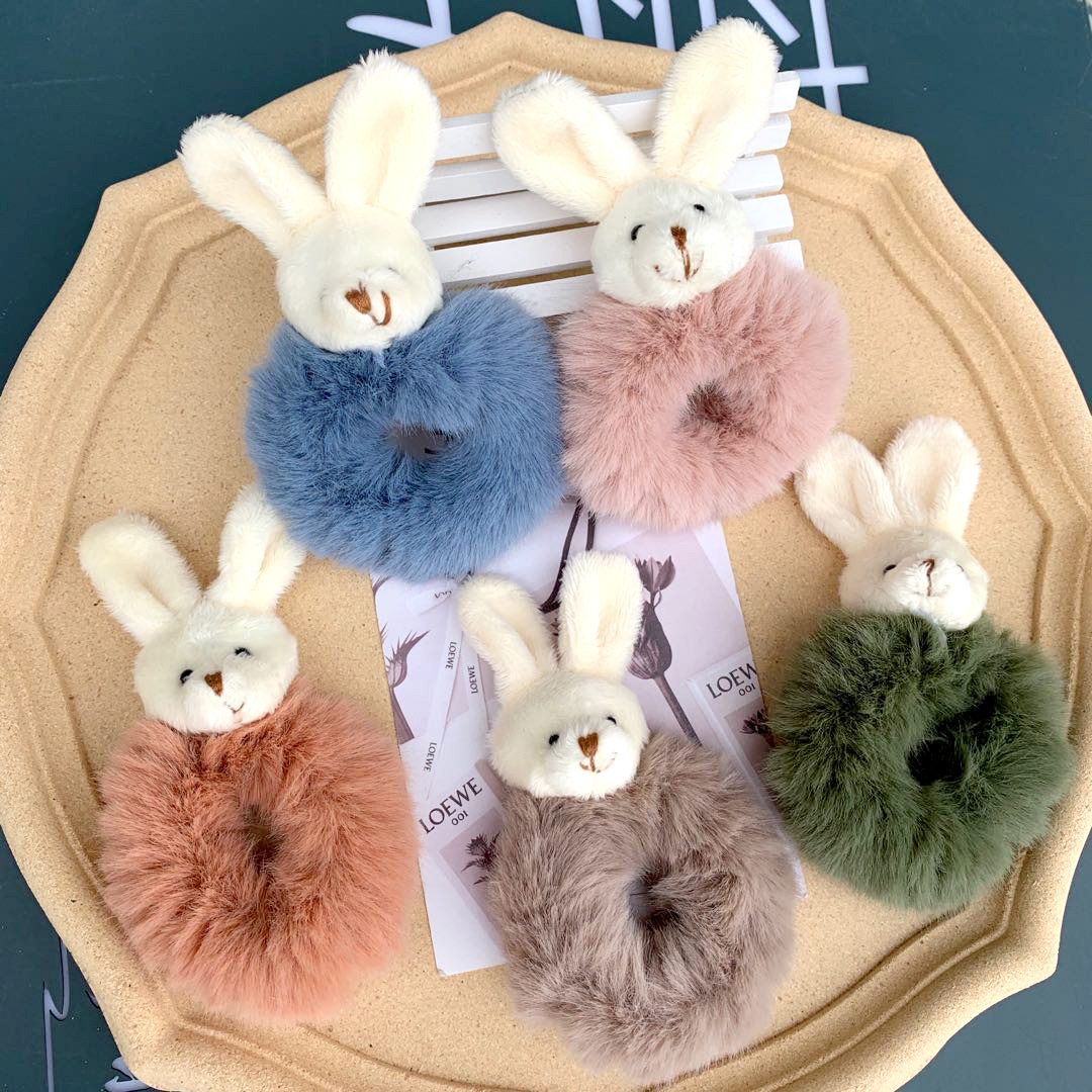 毛绒发圈动物卡通马尾发绳可爱兔耳朵发圈女式简约仿兔毛大肠发圈