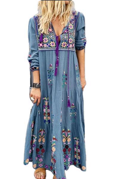 2022 European and American New Women's Clothes Bohemian Positioning Printing Patchwork Long Dress Fashion Drawstring Long Sleeve Dress