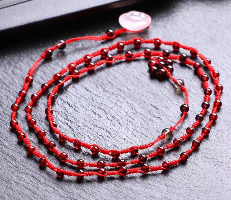 东海天然水晶石榴石红腰链 本命年吉祥石榴石手编腰带 手工编织