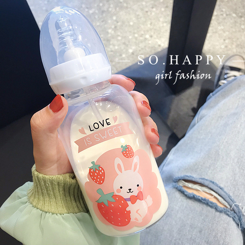 Cute Adult Baby Bottle Water Cup Strawberry Rabbit Straw Nipple Glass Cup Girl Heart Student Korean Tumbler Cute