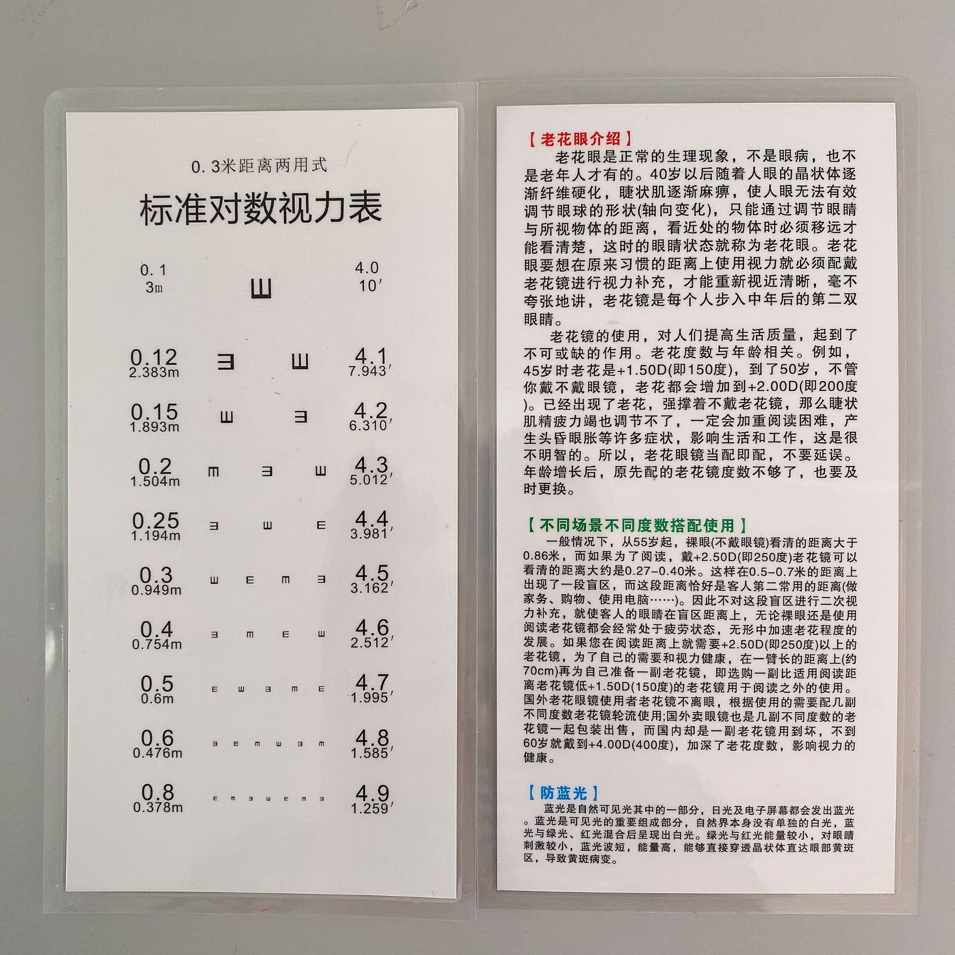 老花镜销售工具 度数牌肩带帽子人像卡 防蓝光测试笔视力表螺丝刀