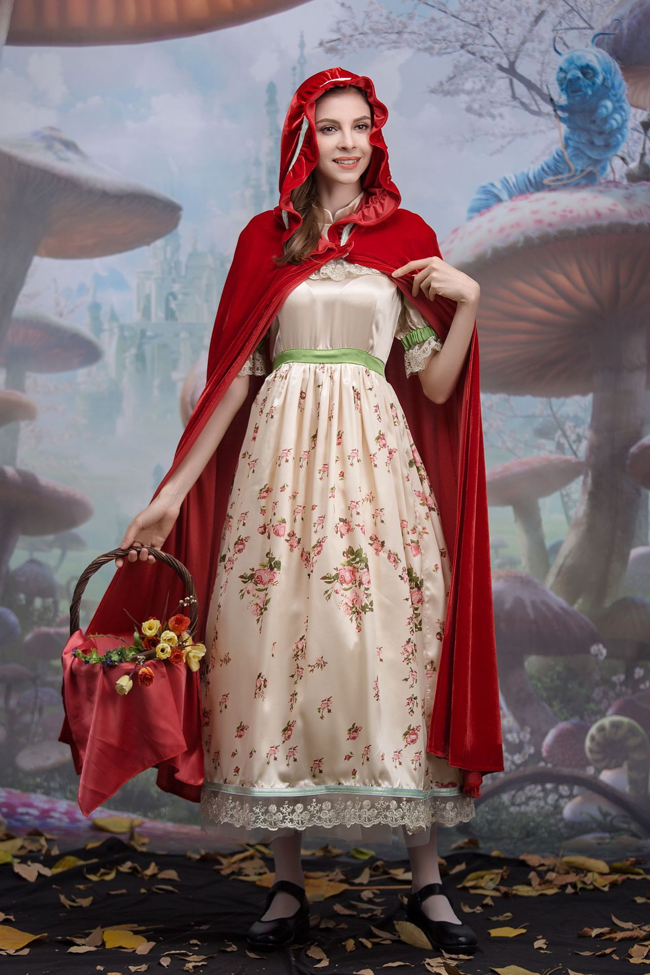 万圣节cosplay小红帽演出服 女披风款碎花连衣裙童话故事长款服装