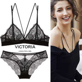 41#维多利亚深v超薄款透明文胸套装 无钢圈性感蕾丝维密内衣夏女