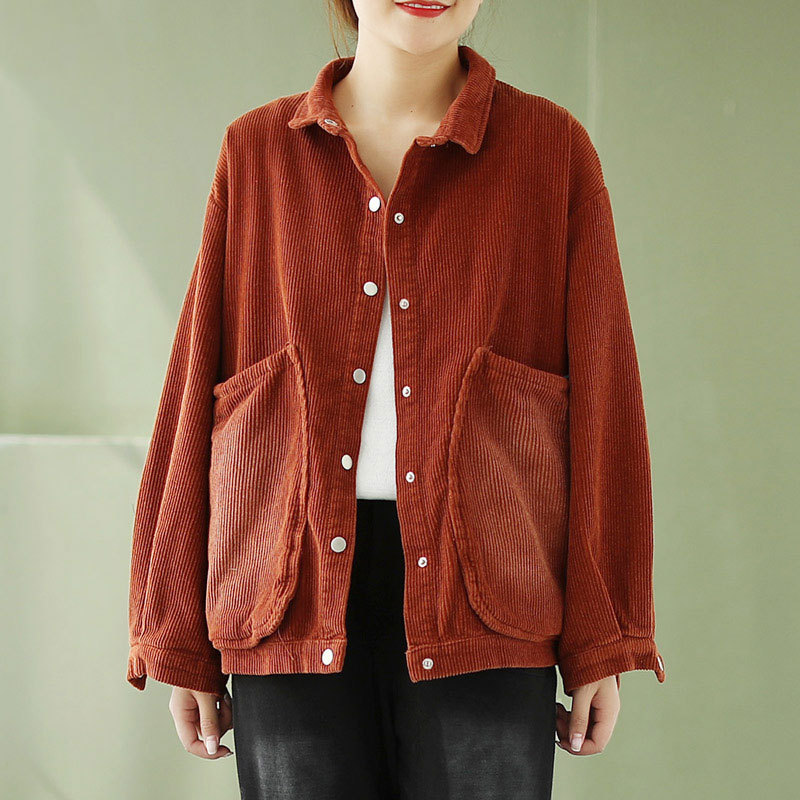 红色灯芯绒外套女春秋短款复古翻领休闲大口袋妈妈条绒女士短上衣