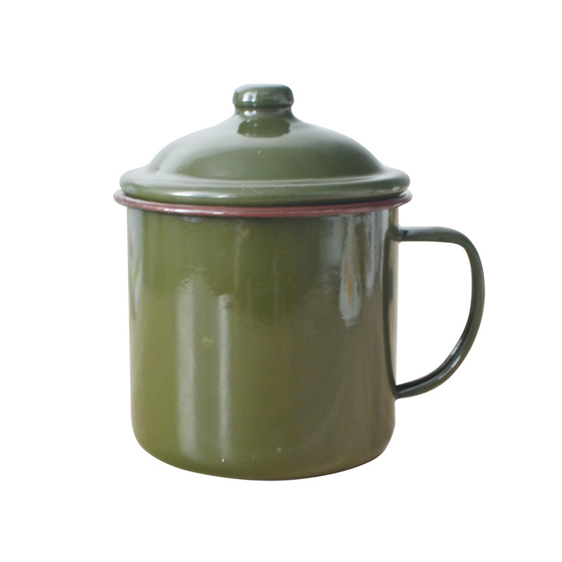 复古怀旧建军节部队搪瓷杯军绿色茶缸杯子加logo带盖空白马克杯