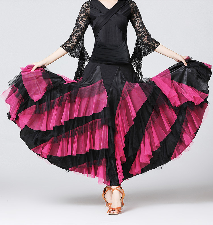 亚马逊 国标舞裙摩登交谊舞裙半身长裙 新款舞台服华尔兹大摆裙