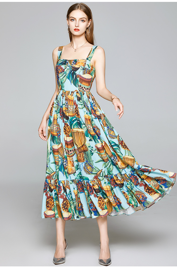 波西米亚风 女装夏季气质时尚长裙 抽褶高腰大摆吊带裙印花连衣裙
