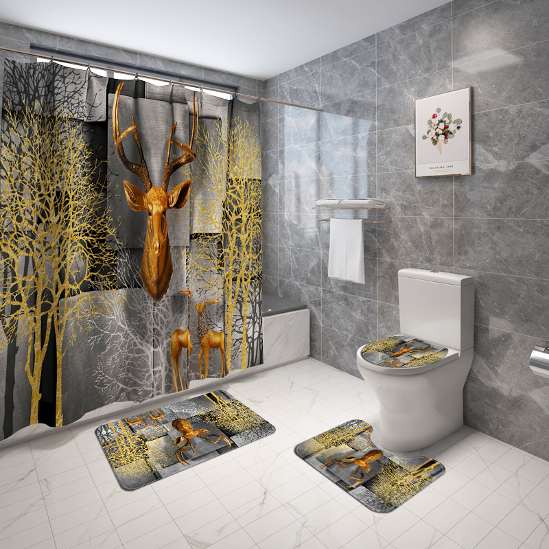 New 3D Deer Background Printing Waterproof Shower Curtain Carpet Four-Piece Set Toilet Mat Set Cross-Border Overseas Warehouse Exclusive