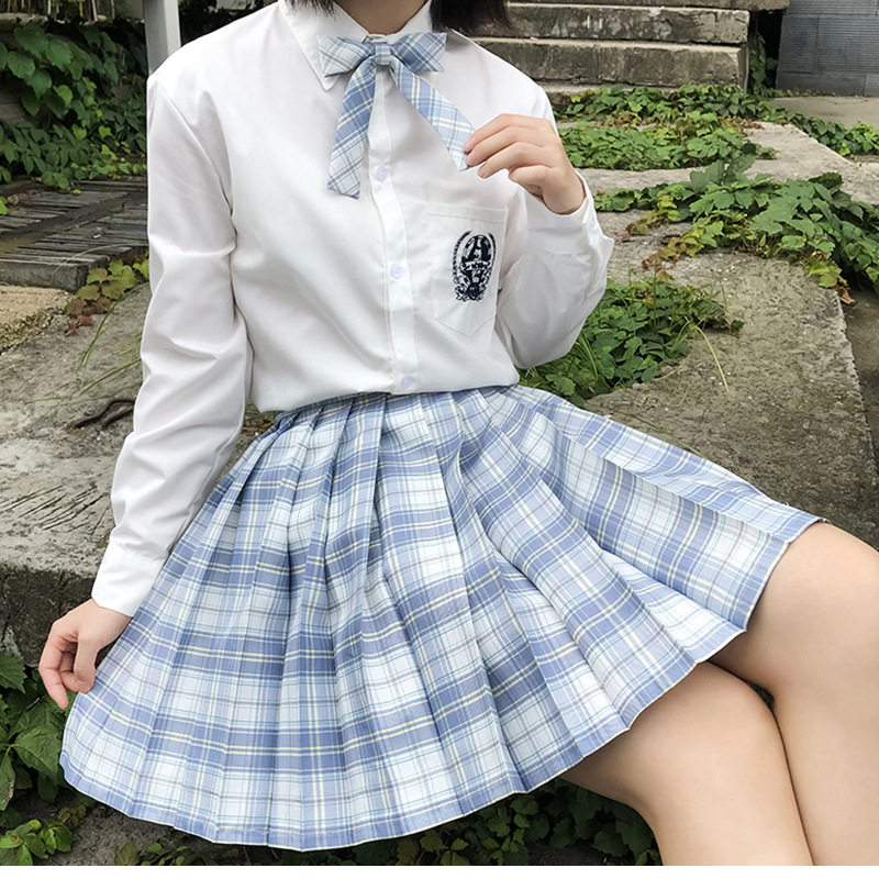 现货批发白溟jk格裙套装 学院风针织衬衫格纹半身短裙高腰百褶裙