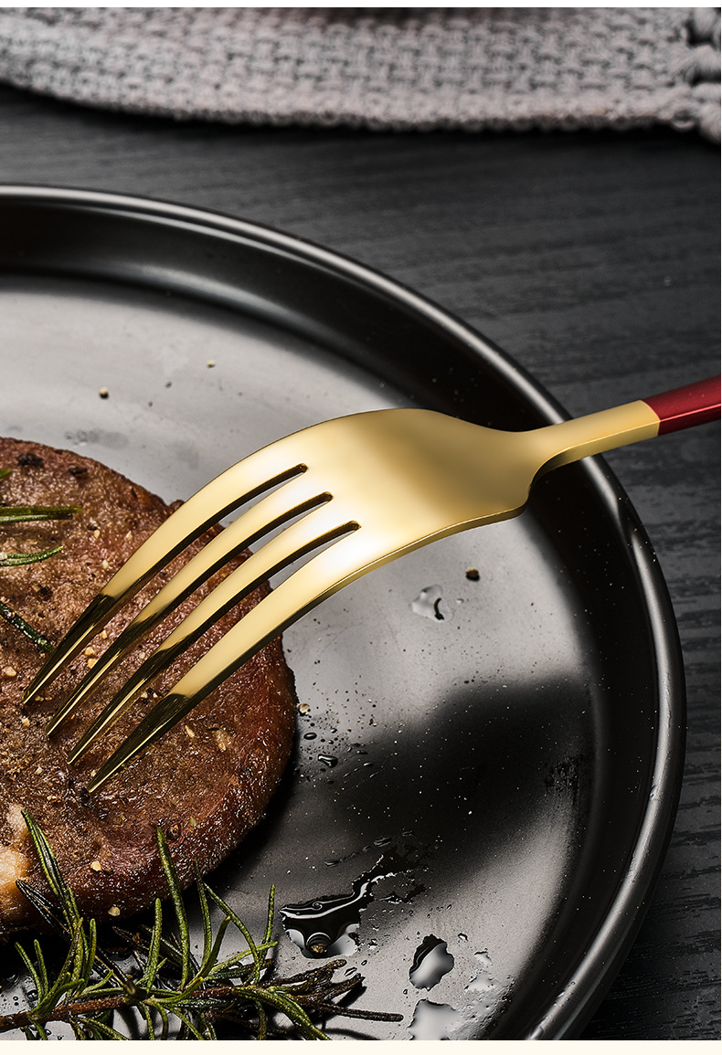 304不锈钢餐叉家用创意长柄叉子加厚酒店西餐餐具网红黑金牛排叉