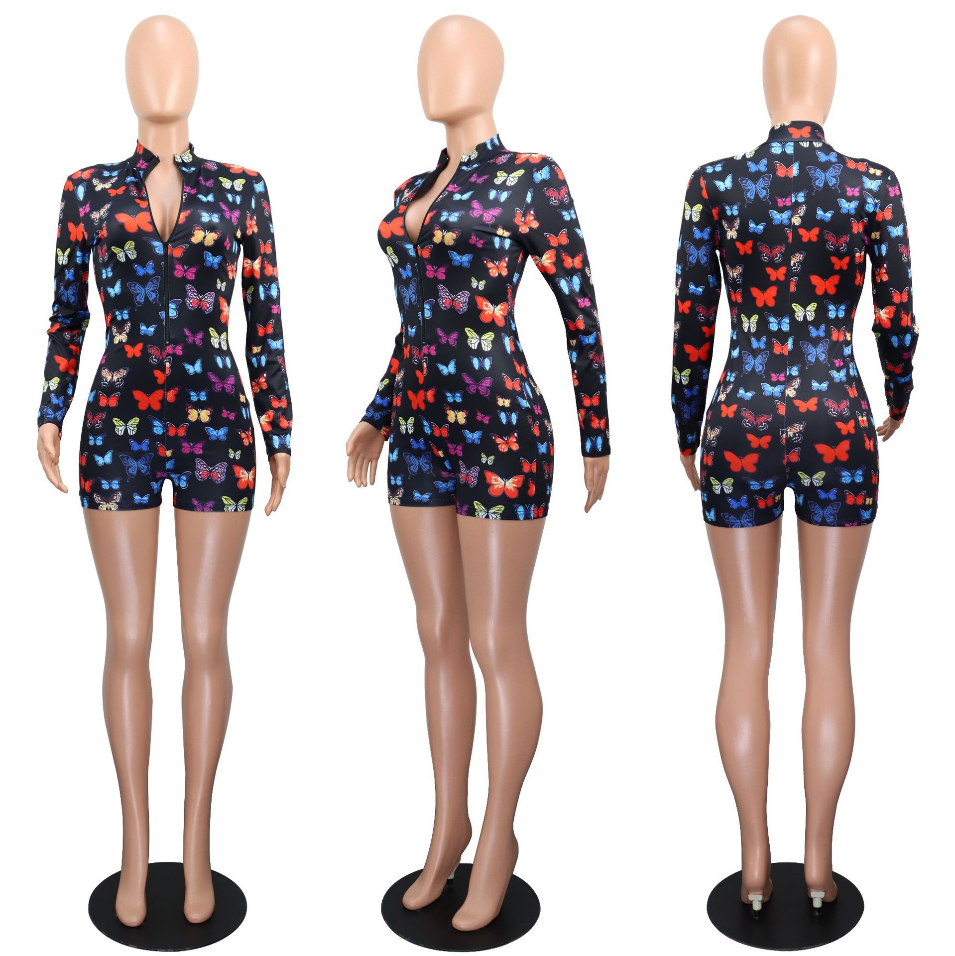 跨境女装夏季拉链时尚一体裙性感v领印花包臀短裙长袖欧美连体裤